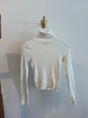 White Ribbed Turtleneck Long-Sleeve Top